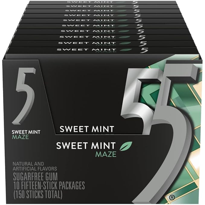 5 Gum Sweet Mint Sugar Free Chewing Gum Bulk, 15 Stick Box (Pack of 10)