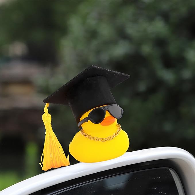 wonuu Car Dashboard Decor Graduation Hat Rubber Duck, Car Ducks Ornaments with Mini Hat Necklace Sunglasses Scarf (Yellow)