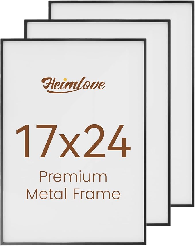 Heimlove 17x24 Metal Picture Frame,Black Aluminum Wall Gallery Poster Puzzles Artwork frames-Real Tempered Glass,Mounting Horizontally or Vertically Decor for Wall-3 Pack