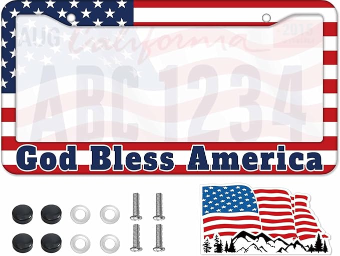 1PCS God Bless America & American Flag License Plate Frame Holder - USA Stars and Stripes Auto Universal Aluminum Matte Car Tag Holder Covers with Sticker & Screws for Men
