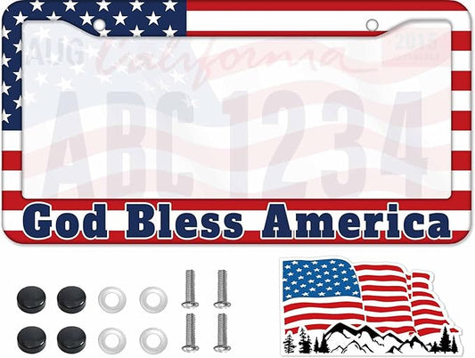 1PCS God Bless America & American Flag License Plate Frame Holder - USA Stars and Stripes Auto Universal Aluminum Matte Car Tag Holder Covers with Sticker & Screws for Men