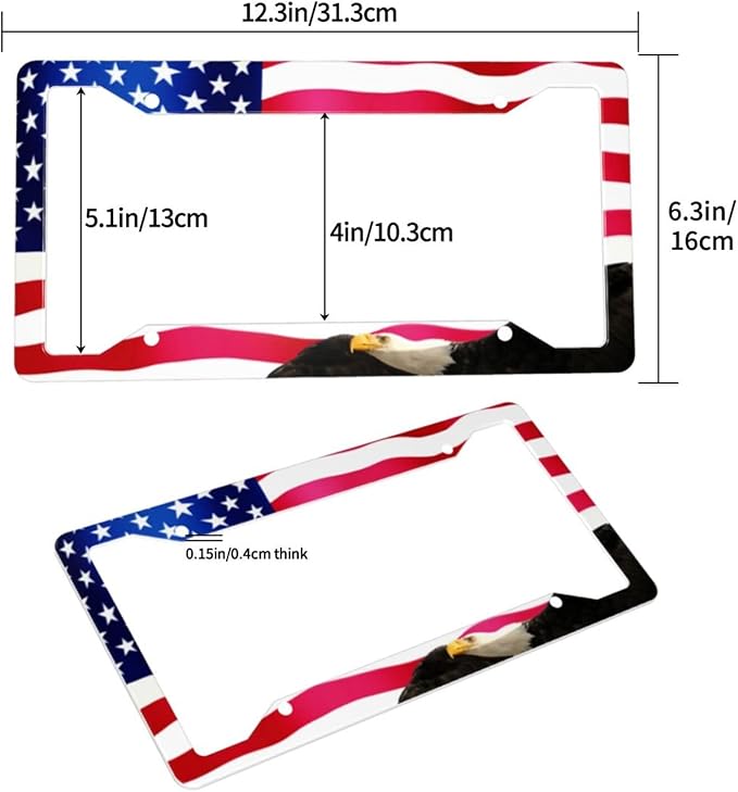 American Flag Eagle License Plate Frames Covers Holders US American Waving Flag Eagle Car Tags Frames Holders Stainless Aluminum 2 Pack 4 Holes Decorative 2 Pcs Set for Men Vehicle