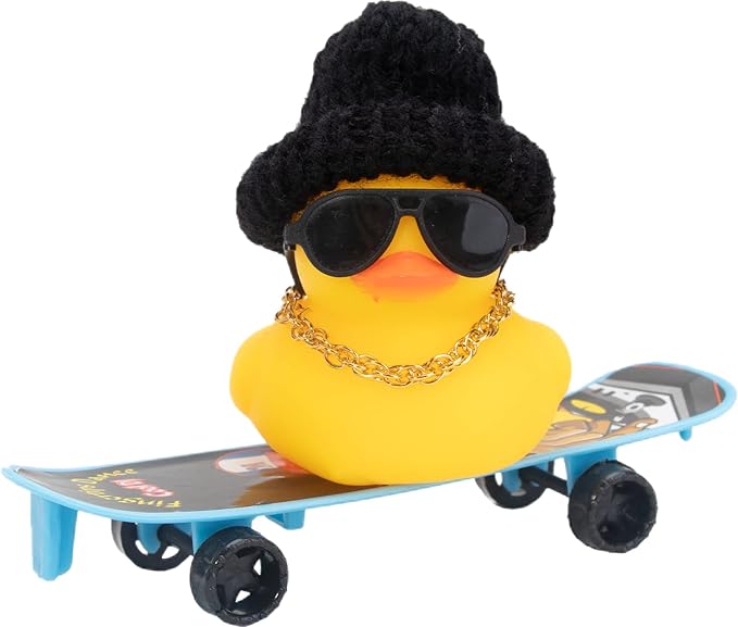 wonuu Car Duck Ornament Rubber Duck Car Dashboard Decoration for Car Dashboard Decoration Accessories with Mini Hat, Necklace, Sunglasses, Chair or Skateboard