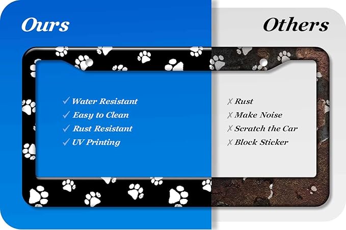 2PCS Black White Dog Paw Pattern License Plate Frames for Men Women - Universal Aluminum Stainless Steel Personalized Car Tag Covers Holder with Screws, Caps, Rattle Proof Pads and Handlebar Stickers