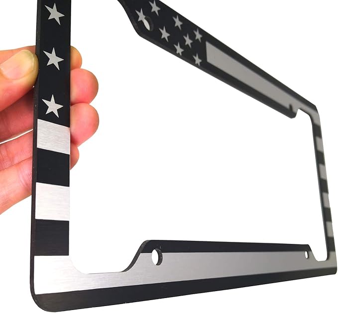 AOOTF American Flag License Plate Frame - USA Aluminum Metal License Plate Cover Auto Car Truck Tag Holder Thin Blue Line Black and White Stripes with Screws,Anti-Rattle Foam Pad