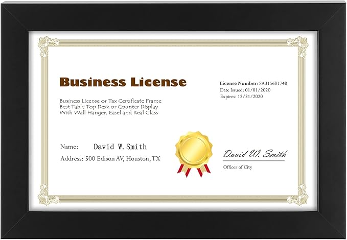 Golden State Art, 8.5 x 5.5 Business License Frame, Black Solid Wood with Tempered Glass, Wall and Table-top Display, Easel Back, 1 Pack