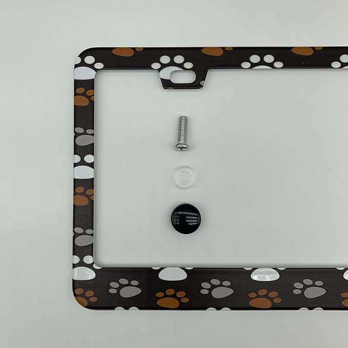 White Grey Yellow Paw Prints on Dark Grey Background License Plate Frame Cover, Matte White Powder Coated Stainless Steel, Animal Print Auto Car Tag Frame with 2 Holes & Free Screws