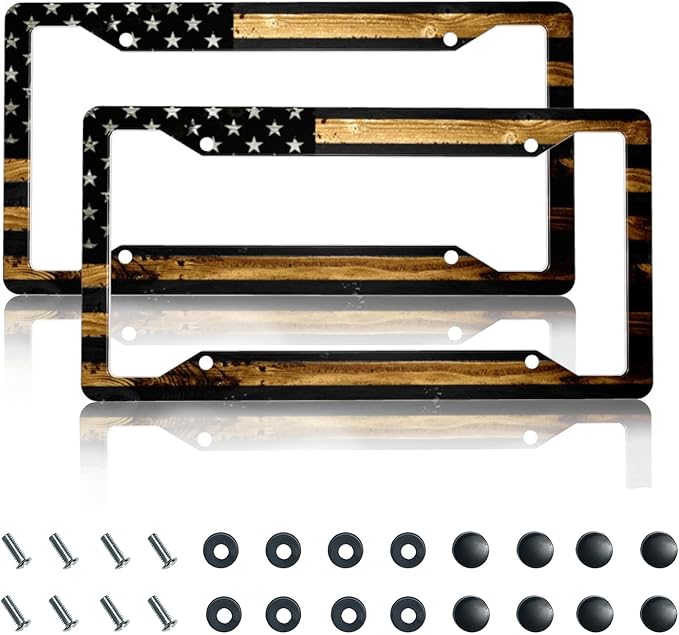 License Plate Frame 2 Pack Front Rear Aluminum Metal Rust-Proof Universal Car Tag Frames Holder with 4 Holes Car Decor Accessory with Screws for Men Women - Wood American Flag