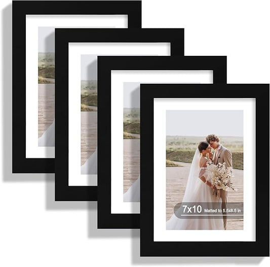 7x10 Picture Frame Set of 4, Made of Real Glass and Black Frame - Display Picture 5.5x8.5 with Mat or 7x10 Without Mat, 7 by 10 Photo for Wall or Tabletop