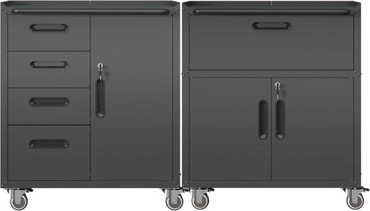 Metal Tool Cabinet,Garage Storage Cabinet System,Wall Cabinet & Locking Rolling Tool Cabinet with Doors and Adjustable Shelves,Steel Tool Cabinets for Home,Office (2 Pcs-StyleF, Black)