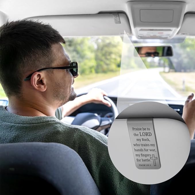 XQLZY Praise Be to The Lord My Rock Psalm 144:1 Engraved Stainless Steel Car Visor Clip, Travel Visor Car Accessories, Inspirational Religious Safe Driving Clip Gifts for Family Friend Driver