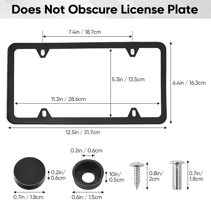 2 Pack License Plate Frames, 4 Holes Matte Black License Plate Frame, Aluminum License Plate Holder with Free Screws Fasteners Caps and Tool