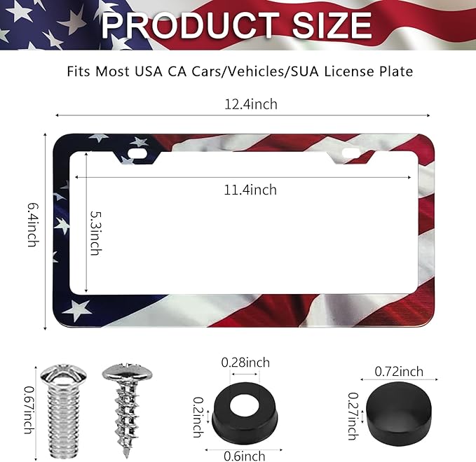 Patriotic American Flag License Plate Frame Holder - 2 Pack Universal Quality Metal Aluminum Matte Stripe US Flag Gloss Car Plate Frame Covers with 2 Holes and Free Screws Fasteners Caps