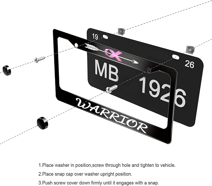 Breast Cancer Awareness Warrior License Plate Frame Pink Ribbon for Car Decorative Parts Stainless Steel License Plate for Standard Us Canada License Plate Holder 12x6 Inch