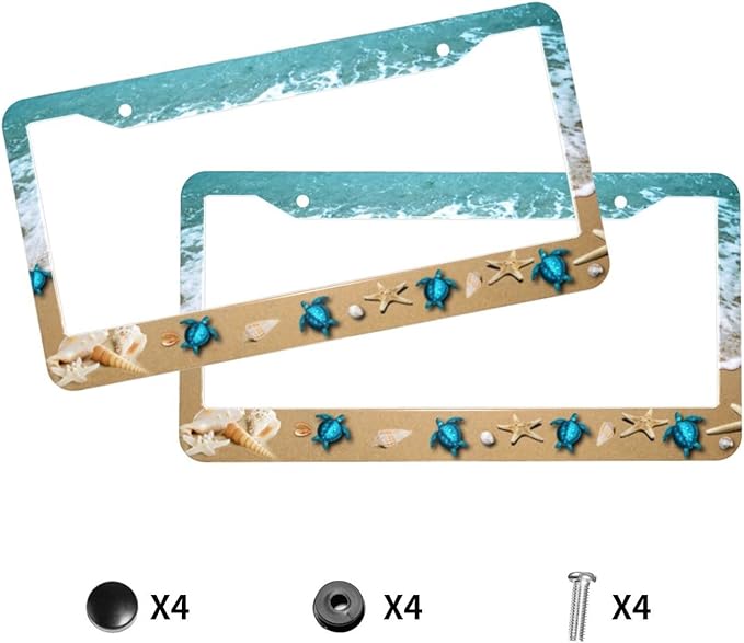 Sea Turtle License Plate Frame,Sea Turtle License Plate Frame for Women, Decorative Car Tag Frames Car Accessories Aluminum Metal Holder Cover 2 Holes 2 PCS Set for Women