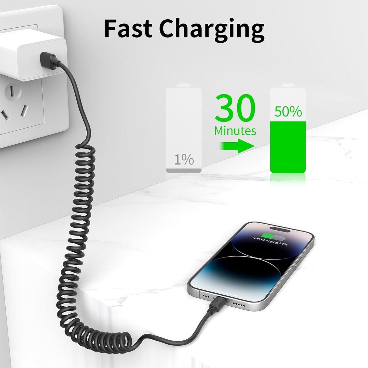 Coiled Lightning Cable 3FT for Car 2Pack, Stretchable iPhone Cord Fast Charging [MFi Certified] Coiled USB to Lightning Cable for iPhone 14 13 12 11 Pro Max XS 8 CarPlay