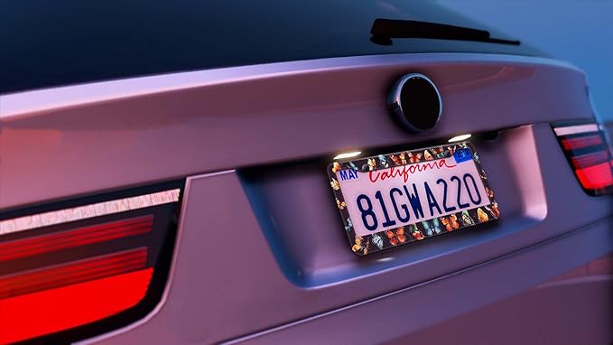 2PCS Beautiful Butterfly Pattern License Plate Frames for Men Women - Universal Aluminum Stainless Steel Personalized Car Tag Covers Holder with Screws, Caps, Rattle Proof Pads and Handlebar Stickers