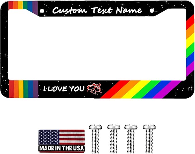 Custom License Plate Frame Rainbow - 2 Pack Personalized Add Text Black Custom License Plate Frame with Standard Us Canada Vehicles 12.3 X 6.3in