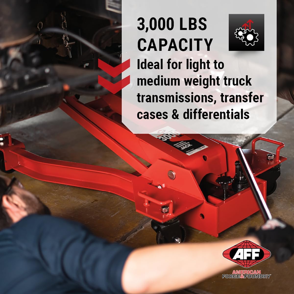 AFF Low Profile Manual Hydraulic Transmission Jack - Heavy Duty Steel Body, Adjustable Saddle with Safety Chain & 360 Handle - for Transmissions, Transfer Cases & Differentials (Multiple Capacities)