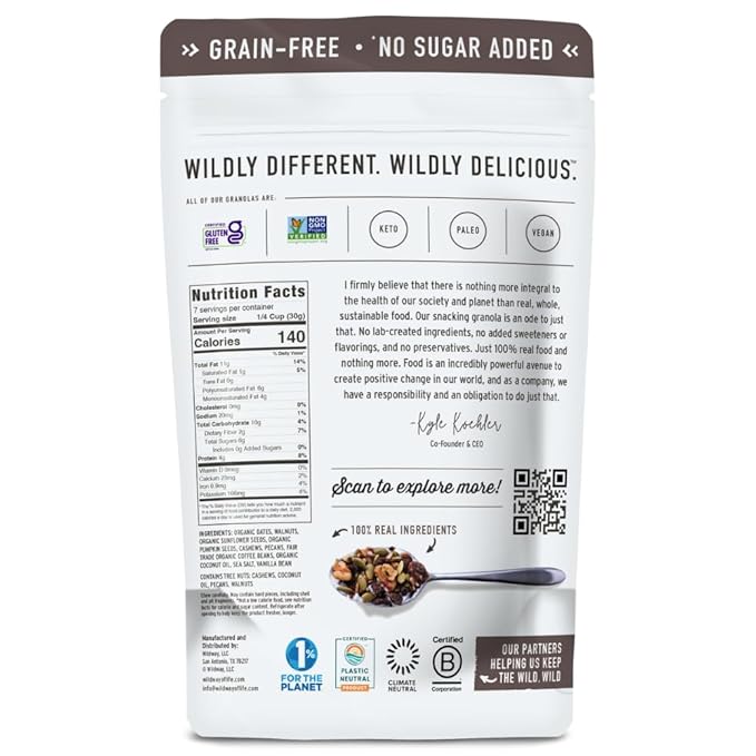 Wildway Keto Granola | Vanilla Bean Espresso | Grain-Free, Certified Gluten-Free Cereal | Vegan, Low Carb | No Sugar Added | Paleo-Friendly | Non-GMO Fruit & Nut Clusters | Nutrient-Rich | 8oz, 6 Pack