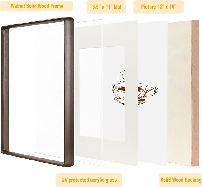 HELPLEX 12x16 Premium Picture Frame Set of 2 - Solid Walnut Wood, UV-Blocking Plexiglass, Convertible 8.5x11 Matted or 12x16 Open Display - Wall Art Gallery & Luxury Home Decor