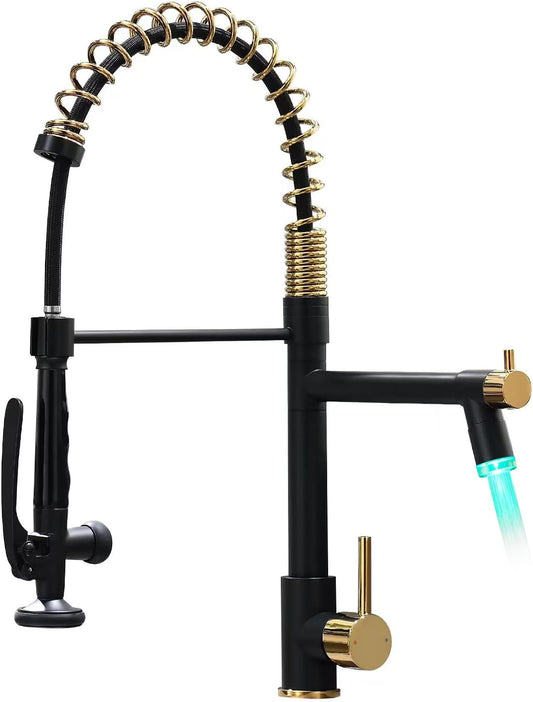 Fapully LED Kitchen Faucet with Pull Down Sprayer,Black&Gold Commercial Kitchen Faucet for Kitchen Sink