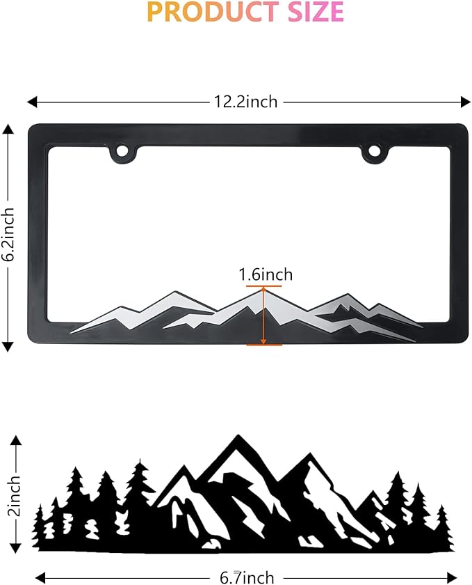 Mountain License Plate Frames - 2 Pack Plastic Car Tag Frame with 3D Mountain Design, Silver on Black, Included Mountain Vinyl Sticker, Screws & Caps