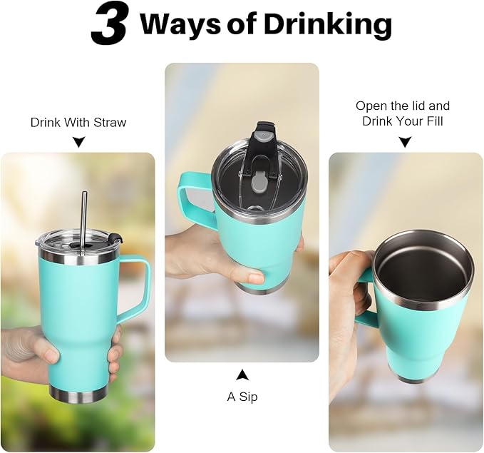 20 oz Tumbler with Handle, Stainless Steel Insulated Tumbler with Lid and Straw, Double Wall Vacuum Insulated Coffee Mug Tumbler, Insulated Coffee Thermal Cup for Cold and Hot (Mint Green)
