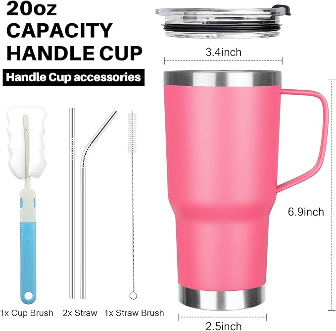 20 oz Tumbler with Handle, Stainless Steel Insulated Tumbler with Lid and Straw, Double Wall Vacuum Insulated Coffee Mug, Insulated Coffee Thermal Cup for Cold and Hot (Rose Red)