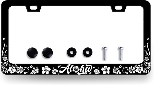 Aloha License Plate Frame Hibiscus Flowers License Plate Holder Stainless Steel Funny Design with 2 Holes and Screws 12.3" x 6.3"
