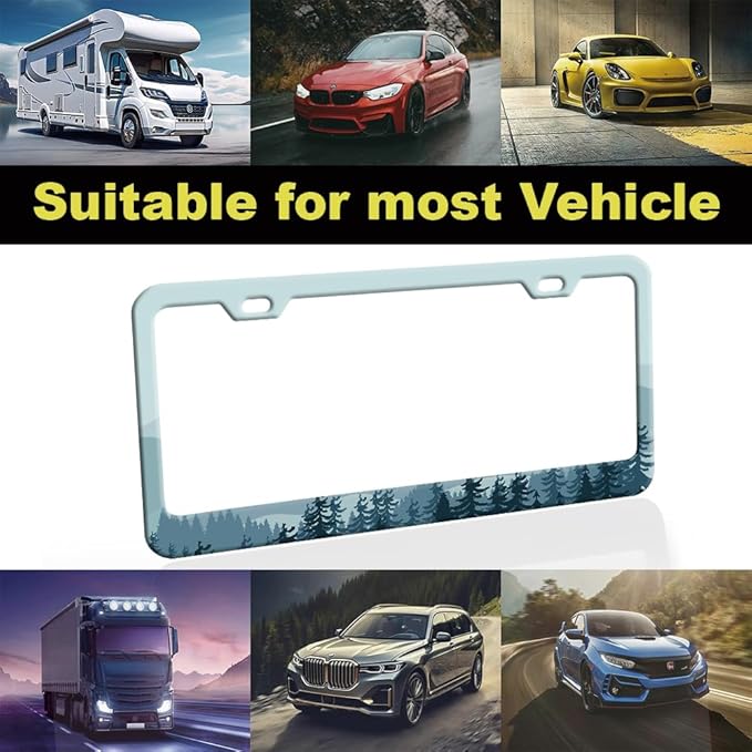 2pcs Blue Mountain Forest License Plate Frame for Women, Blue Mountain car Decorative tag Frames Girly, Natural License Plate Cover Holder for Vehicle with Double Sided car Keychain tag