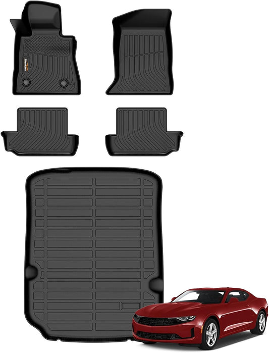 Binmotor-All Weather Car Floor Mats Cargo Liner Set for Chevy Camaro 2016-2024, 2 Rows Floor Mats for Chevy Camaro,Waterproof TPE Rubber Liners for Camaro Trunk Liner Accessories-Black
