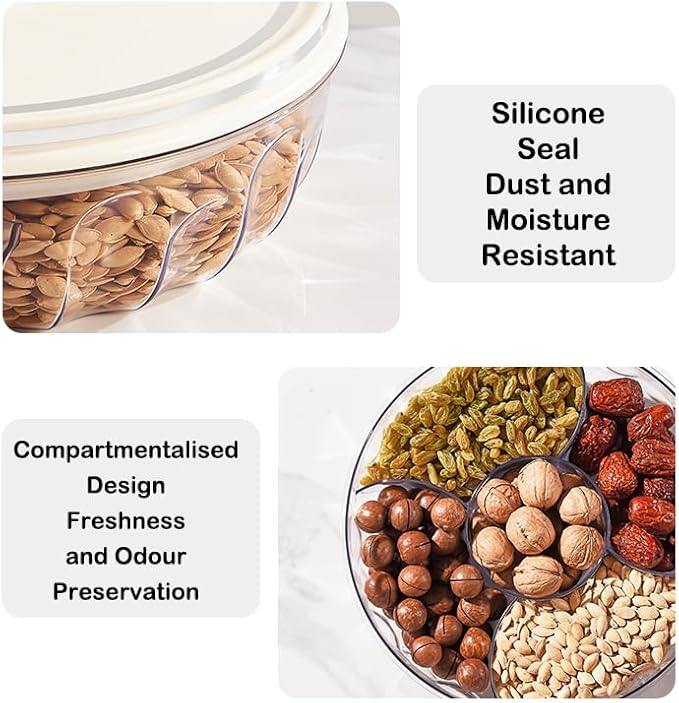 2 Pack Divided Serving Tray with Push-on Lid, 5 Compartments Round Plastic Food Storage Organizer, Snack Tray for Portable Snack Platters, Clear Organizer for Candy, Fruits, Nuts
