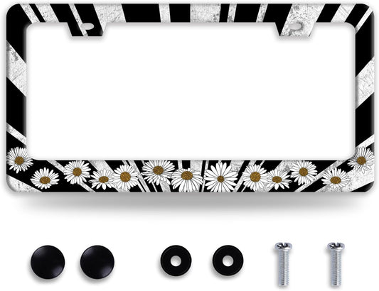 Sun License Plate Frame Black White Daisy Flowers License Plate Frames Funny Auto Accessories Bracket Stainless Steel License Plate with Screw 6x12 Inch