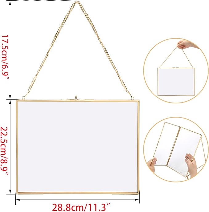 JUXYES 2 Pack Wall Hanging Business License Frame Brass Certificate Display Frames, Double Glass Floating Diploma Frames, Wall Mount Golden Graduation Frame for 8.5x11 Inches Certificate Business Licenses
