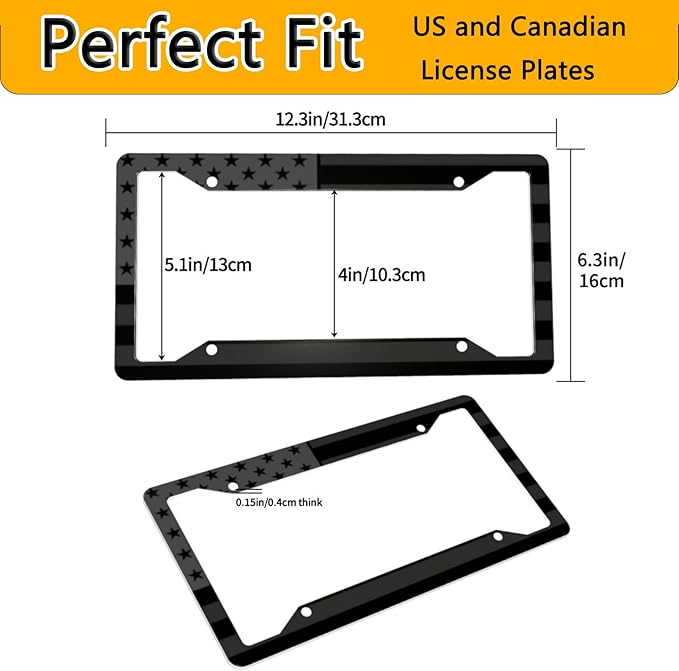 License Plate Frame 2 Pack Front Rear Aluminum Metal Rust-Proof Universal Car Tag Frames Holder with 4 Holes Car Decor Accessory with Screws for Men Women - Black American Flag