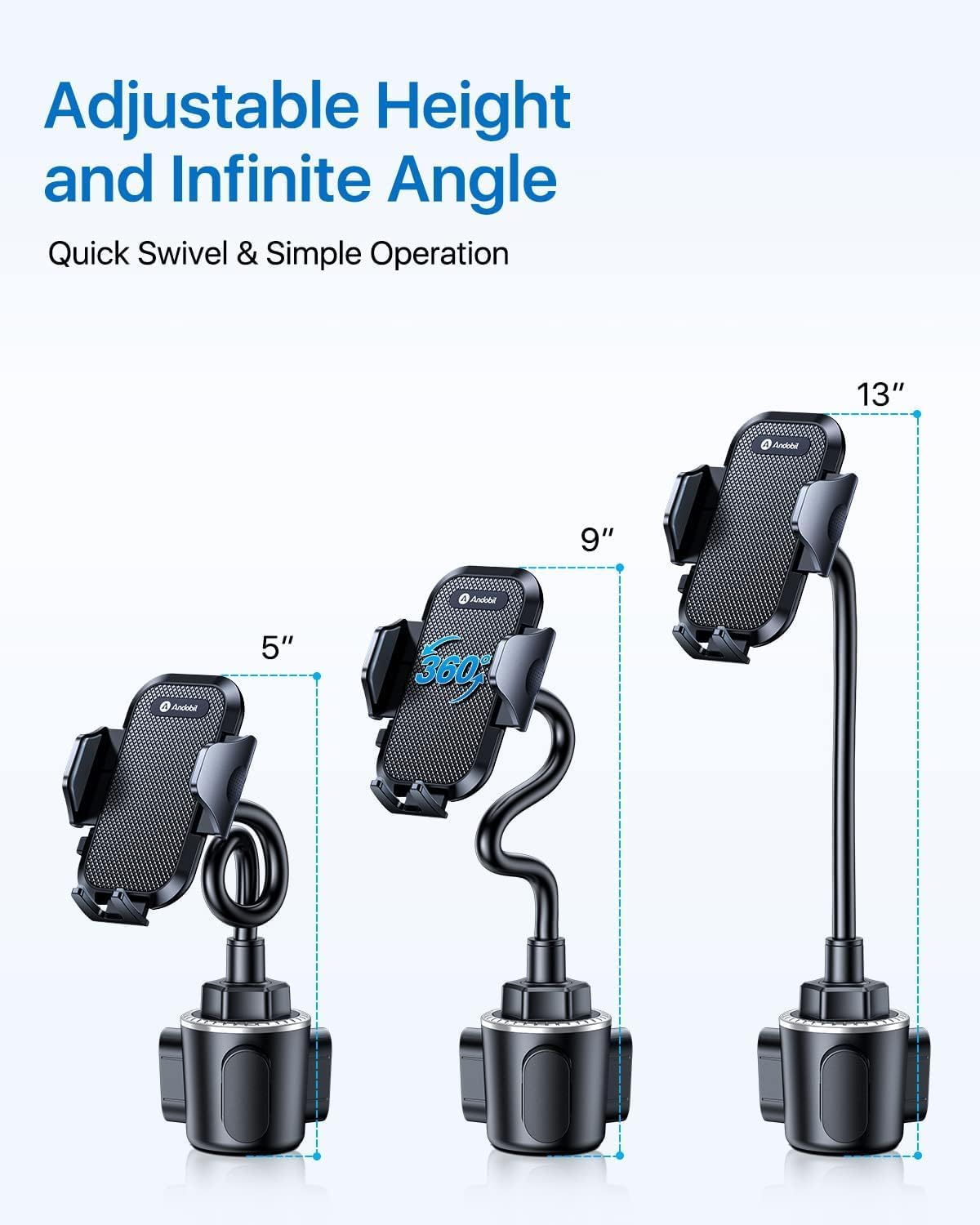 andobil Military-Grade Cup Phone Holder for Car/Truck, [2025 Enhanced] 13" 360° Adjustable Gooseneck w/Anti-Shake Car Mount, Universal Car Phone Holder for iPhone/Samsung/Pixel All 4.0-7.0" Devices