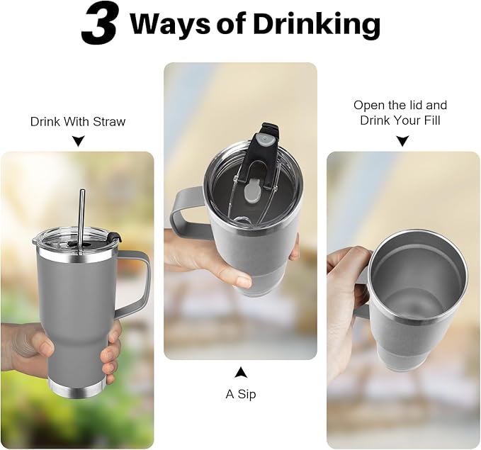 20 oz Tumbler with Handle, Stainless Steel Insulated Tumbler with Lid and Straw, Double Wall Vacuum Insulated Coffee Mug Tumbler, Insulated Coffee Thermal Cup for Cold and Hot (Grey)