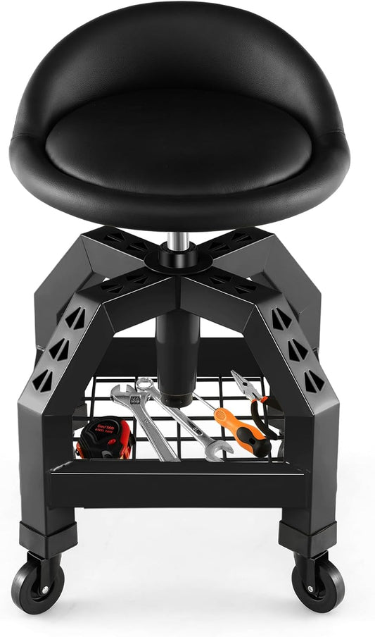 S AFSTAR Shop Stool with Wheels, Height Adjustable Garage Stool with 4 Universal Wheels & Tool Tray, 330 LBS Capacity, Heavy Duty Creeper Chair Seat Rolling Mechanic Stool for Garage Workshop (Black)