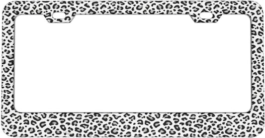 Snow Leopard Print License Plate Frame，White Grey Cheetah License Plate Cover，Aluminum Metal Novelty Decorative for Front Rear Car Tag Holder 2 Hole with Screws Fits for Men and Women