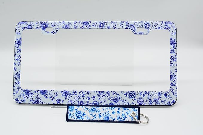 1pcs Blue White Porcelain Floral License Plate Frame for Women, Blue Flowers car Decorative tag Frames Girly, Cute Floral License Plate Cover Holder for Vehicle with Double Sided car Keychain tag