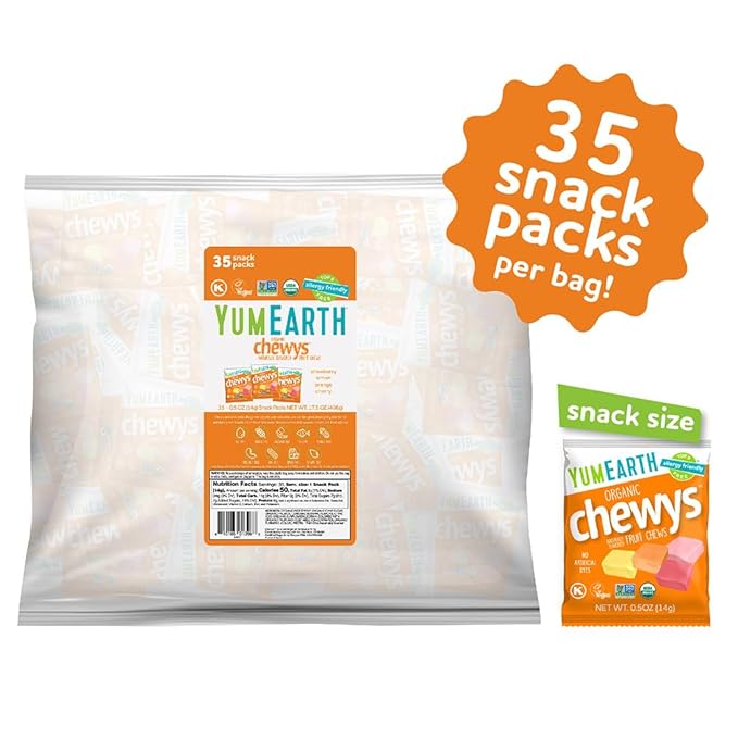 YumEarth Organic Chewys Fruit Flavored Candy Chews - Allergy Friendly, Gluten Free, Non-GMO, Vegan, No Artificial Flavors or Dyes - Assorted Flavors 35ct Bulk Bag