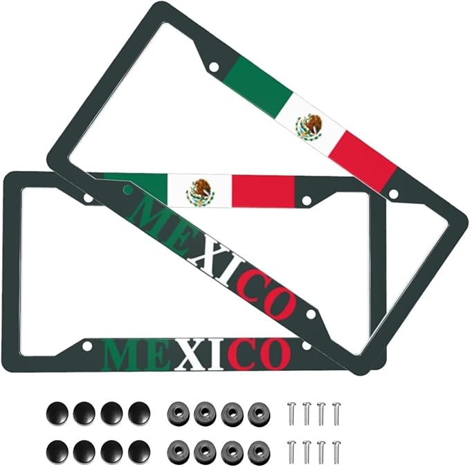 Mexican Flag License Plate Frames Personalized Flag Decoration Car Tags Aluminum Metal License Plate Covers Customized Mexican Flag License Plate Holders for Men and Women with Screw Nut（2Pcs）