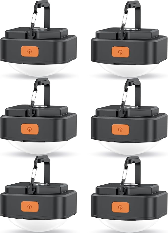 Rechargeable Camping Lights FLY2SKY 6Pcs Black Tent Lights Mini Flashlight Portable LED Camping Lantern Survival Gear Camping Accessories for Hiking Backpacking Fishing Hurricane Emergency Outage