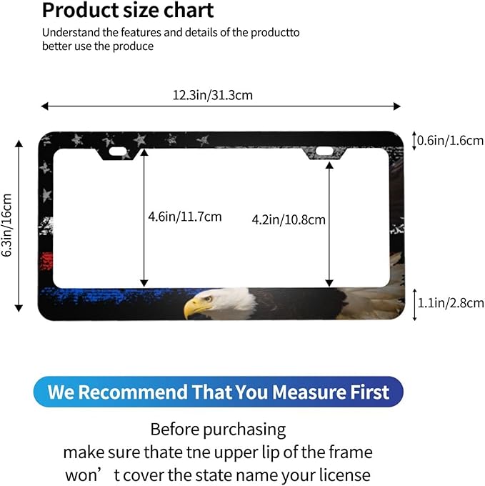 Eagle USA Flag License Plate Frames Funny Cute for USA Canada Vehicles Standard Car Tag Cover Holder Aluminum Metal for Women Men Auto Decoration Hardware Included