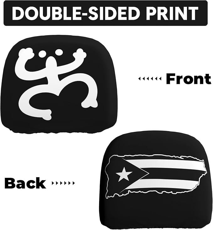 Puerto Rico Car Headrest Covers 2 Pack – Double-Sided Taino Frog & Puerto Rican Flag Map Design – Universal Fit Stretch Seat Headrest Protector for Cars, SUVs & Trucks
