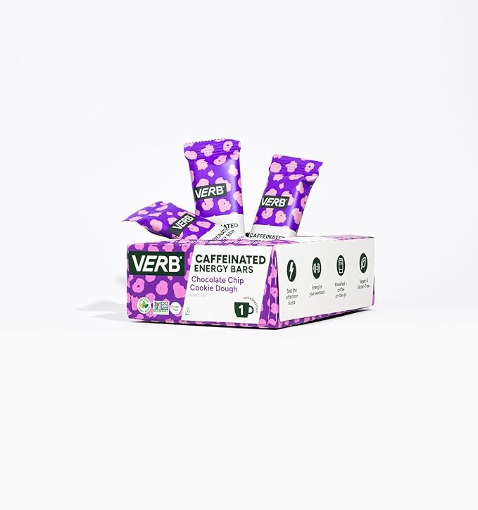 Verb Caffeinated Energy Bars Chocolate Chip Cookie Dough (26g, Pack of 16) 110-Calorie Delicious Energy Bar, Gluten Free On-the Go Snack with 80mg Green Tea Caffeine, Only Real-Food Ingredients