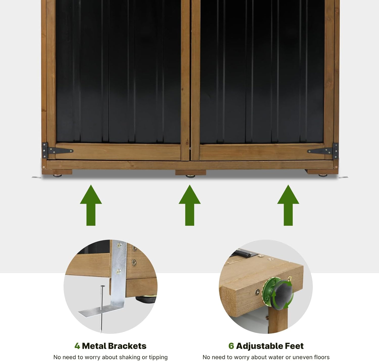 Outdoor Storage Cabinet Wood & Metal with Waterproof Roof, Garden Tool Shed with 4 adjustable reinforced feet with metal brackets, 3 Removable Shelves, 6 T-Hinge, Magnetic door,18.1"D x 49"W x 68.5"H