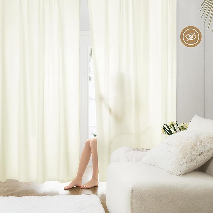 HOMEIDEAS Non-See-Through Cream Yellow Privacy Sheer Curtains, 52 X 54 Inches Long 2 Panels Light Yellow Sheer Curtains Light Filtering Window Drapes for Bedroom Living Room