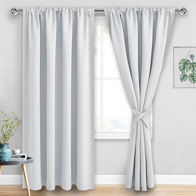 JIUZHEN Room Darkening Curtains - Thermal Insulated Window Curtains, Rod Pocket Curtains for Bedroom Living Room Office, Blackout Curtain 2 Panels with Tiebacks, 60 x 96 Inch, Greyish White